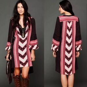 Free People black red PEACEMAKER tribal tunic asymmetrical hi-lo dress XS boho